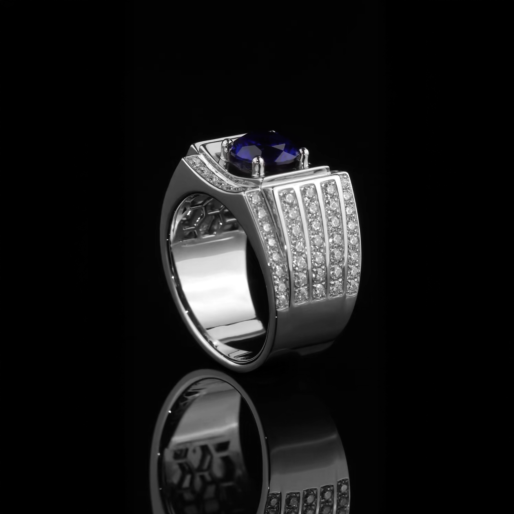 1CT Royal Blue Sapphire Pavé Set Men's Ring